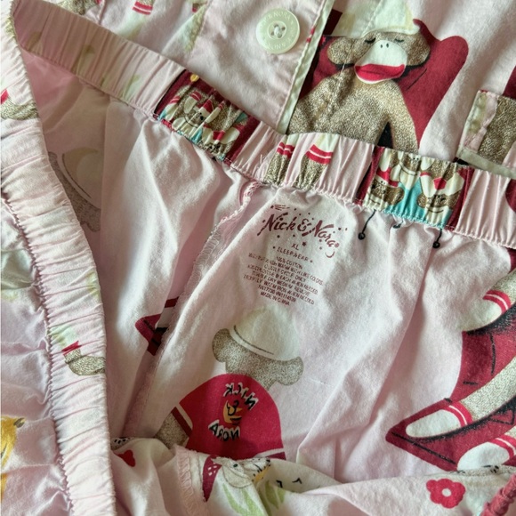 Nick & Nora Pink Sock Monkey Print 2 Piece Pajama Set Size XL Loungewear Casual - Picture 6 of 12
